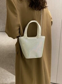 迷你鉚釘裝飾鏈條水桶包 - 白色 - 查看 7