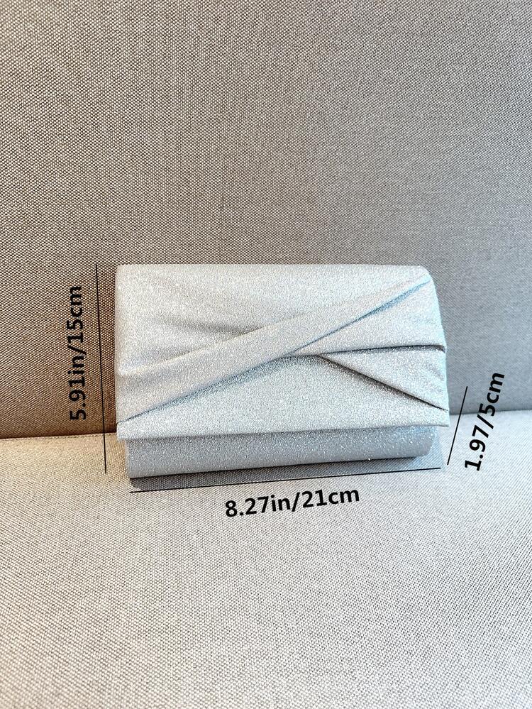 Glamorous, Elegant, Exquisite, Quiet Luxury Sequin, Stylish, Luxury, Shiny Glitter Ruched Detail Flap Square Bag Evening Bag, Dinner Bag For Party Girl, Woman, Bride Perfect For Party, Wedding, Prom, Dinner/Banquet Valentines - Silver - View 3