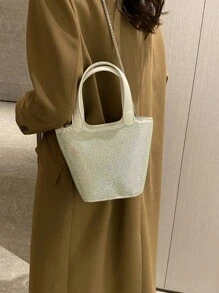 迷你鉚釘裝飾鏈條水桶包 - 白色 - 查看 8