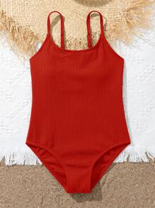 Girls Solid Cami One Piece Swimsuit - Red - View 5