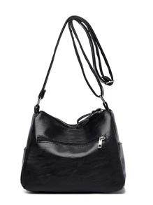 Braided Detail Zip Front Hobo Bag - Black - View 7
