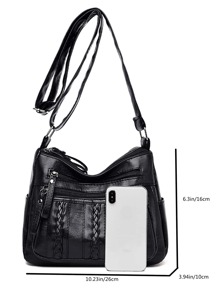 Braided Detail Zip Front Hobo Bag - Black - View 8