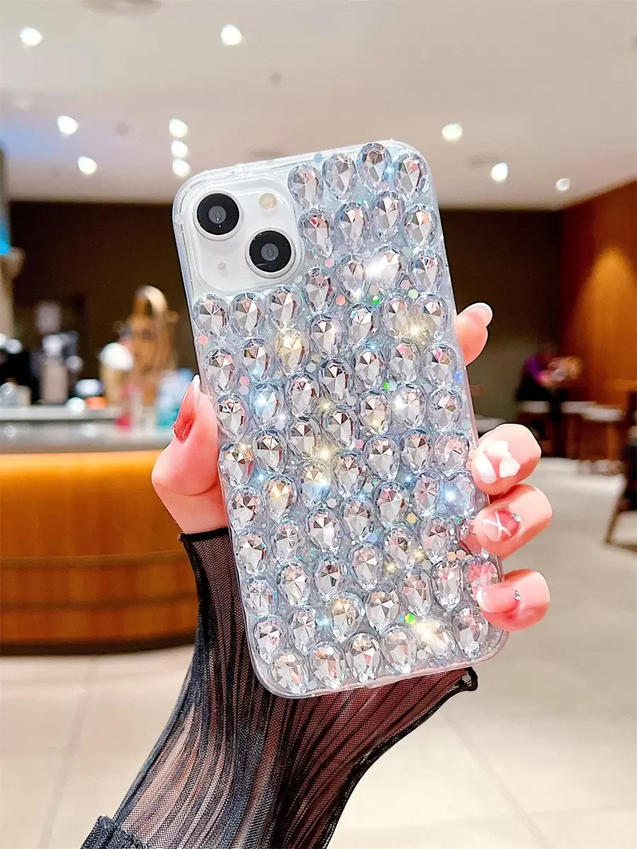 Rhinestone Decor Rhinestone Phone Case Compatible With IPhone 15/15Pro/15Plus/15Promax - Silver - View 1