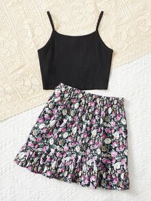 SHEIN 女孩條紋針織吊帶上衣和印花荷葉邊半身裙