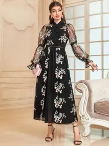 Modelyn Váy Ả Rập Tương phản ren Tương phản Mesh Xù cắt Thắt nơ trước Hoa Thanh lịch - Nhiều màu - Xem 1