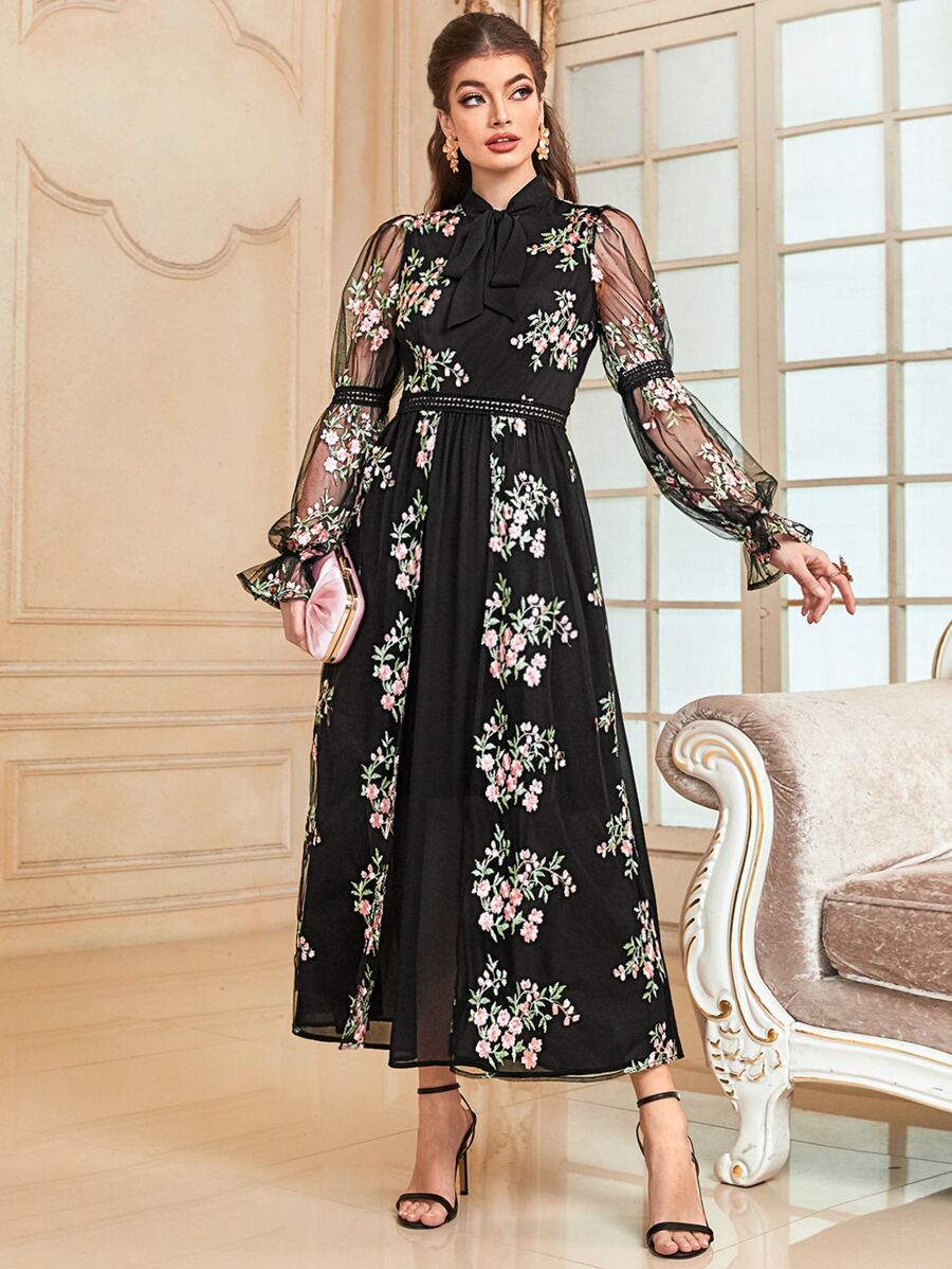 Modelyn Váy Ả Rập Tương phản ren Tương phản Mesh Xù cắt Thắt nơ trước Hoa Thanh lịch - Nhiều màu - Xem 1