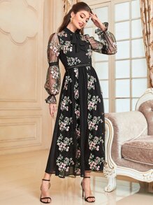 Modelyn Váy Ả Rập Tương phản ren Tương phản Mesh Xù cắt Thắt nơ trước Hoa Thanh lịch - Nhiều màu - Xem 3