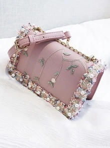花卉刺繡人造珍珠裝飾翻蓋方包 - 藕粉色 - 查看 2