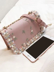 花卉刺繡人造珍珠裝飾翻蓋方包 - 藕粉色 - 查看 3