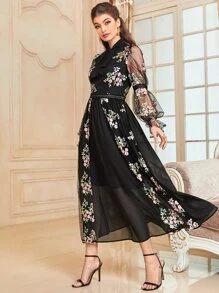 Modelyn Váy Ả Rập Tương phản ren Tương phản Mesh Xù cắt Thắt nơ trước Hoa Thanh lịch - Nhiều màu - Xem 5