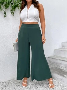 SHEIN Clasi Plus Solid Flare Leg Trousers - Dark Green - View 4