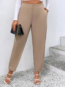 SHEIN Clasi Pantalones de talle alto - Caqui - Ver 3