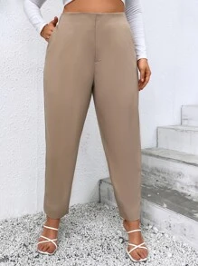 SHEIN Clasi Pantalones de talle alto - Caqui - Ver 4