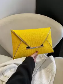 螢光黃鱷魚壓紋金屬裝飾信封包 - 黃色 - 查看 1