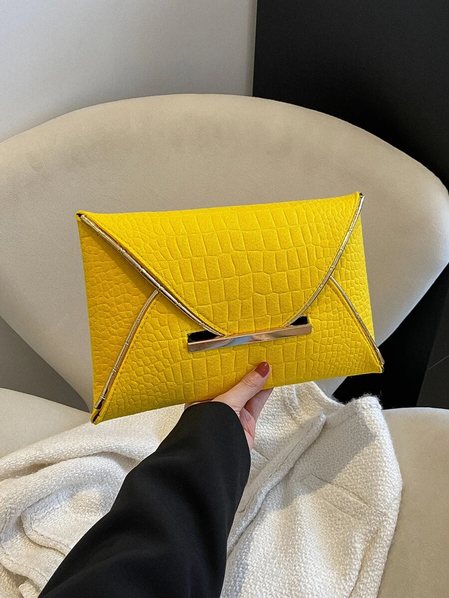 螢光黃鱷魚壓紋金屬裝飾信封包 - 黃色 - 查看 1