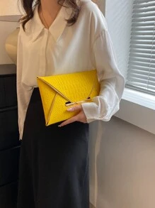 螢光黃鱷魚壓紋金屬裝飾信封包 - 黃色 - 查看 3