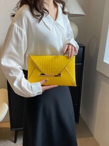 螢光黃鱷魚壓紋金屬裝飾信封包 - 黃色 - 查看 4