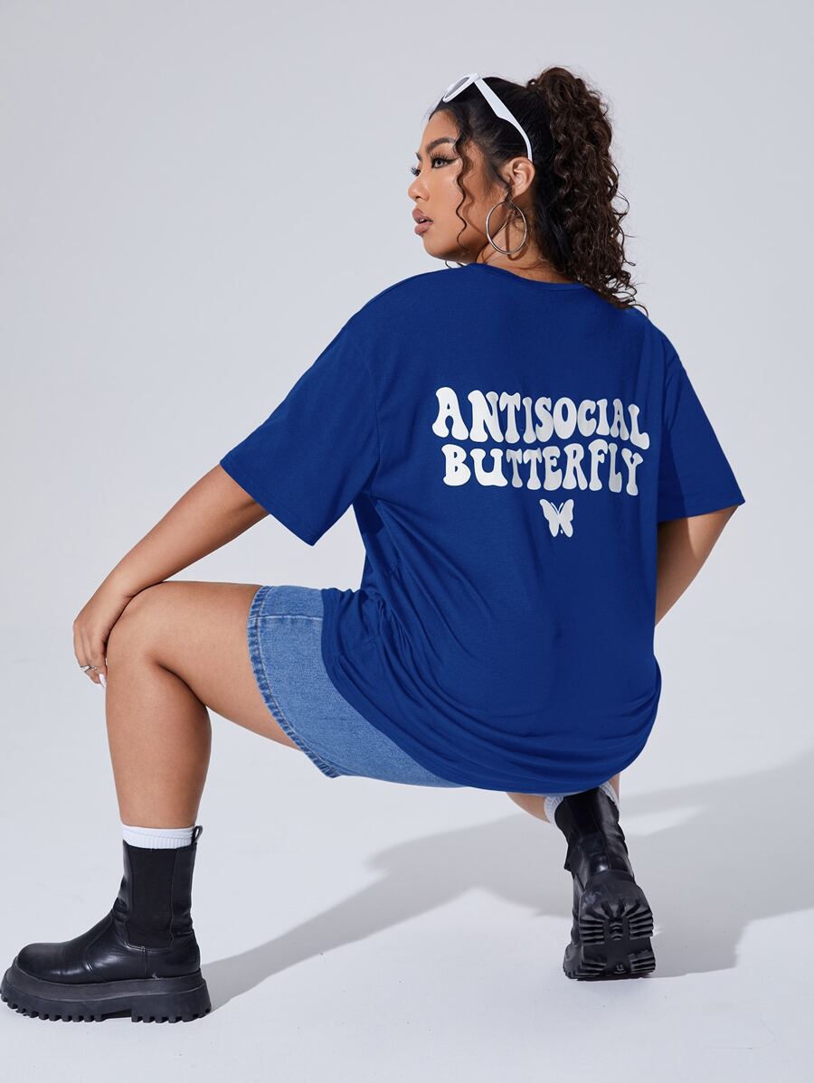 SHEIN EZwear Plus Letter Graphic Drop Shoulder Tee - Blue - View 1