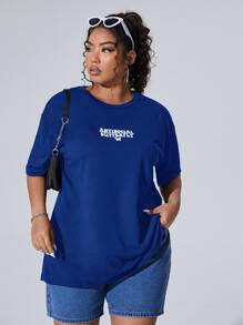 SHEIN EZwear Plus Letter Graphic Drop Shoulder Tee - Blue - View 2