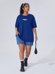 SHEIN EZwear Plus Letter Graphic Drop Shoulder Tee - Blue - View 3