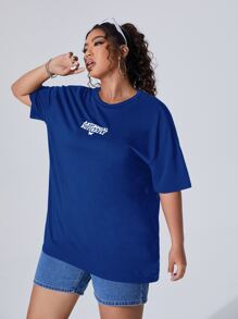 SHEIN EZwear Plus Letter Graphic Drop Shoulder Tee - Blue - View 4