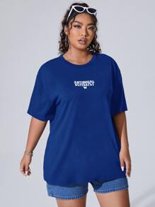 SHEIN EZwear Plus Letter Graphic Drop Shoulder Tee - Blue - View 5