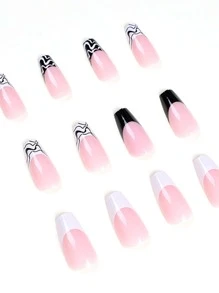 Instantly Upgrade Your Look with 24pcs Long Coffin Black And White French Striped Fake Nail & 1pc Nail File & 1sheet Tape - Multicolor - View 2