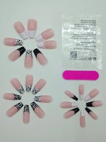 Instantly Upgrade Your Look with 24pcs Long Coffin Black And White French Striped Fake Nail & 1pc Nail File & 1sheet Tape - Multicolor - View 3