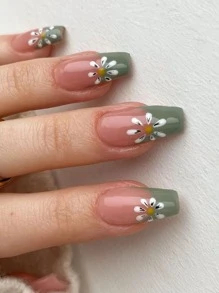 Get Glamorous with 24pcs Long Coffin Green Flowers Pattern Fake Nail & 1pc Nail File & 1sheet Tape - Multicolor - View 1