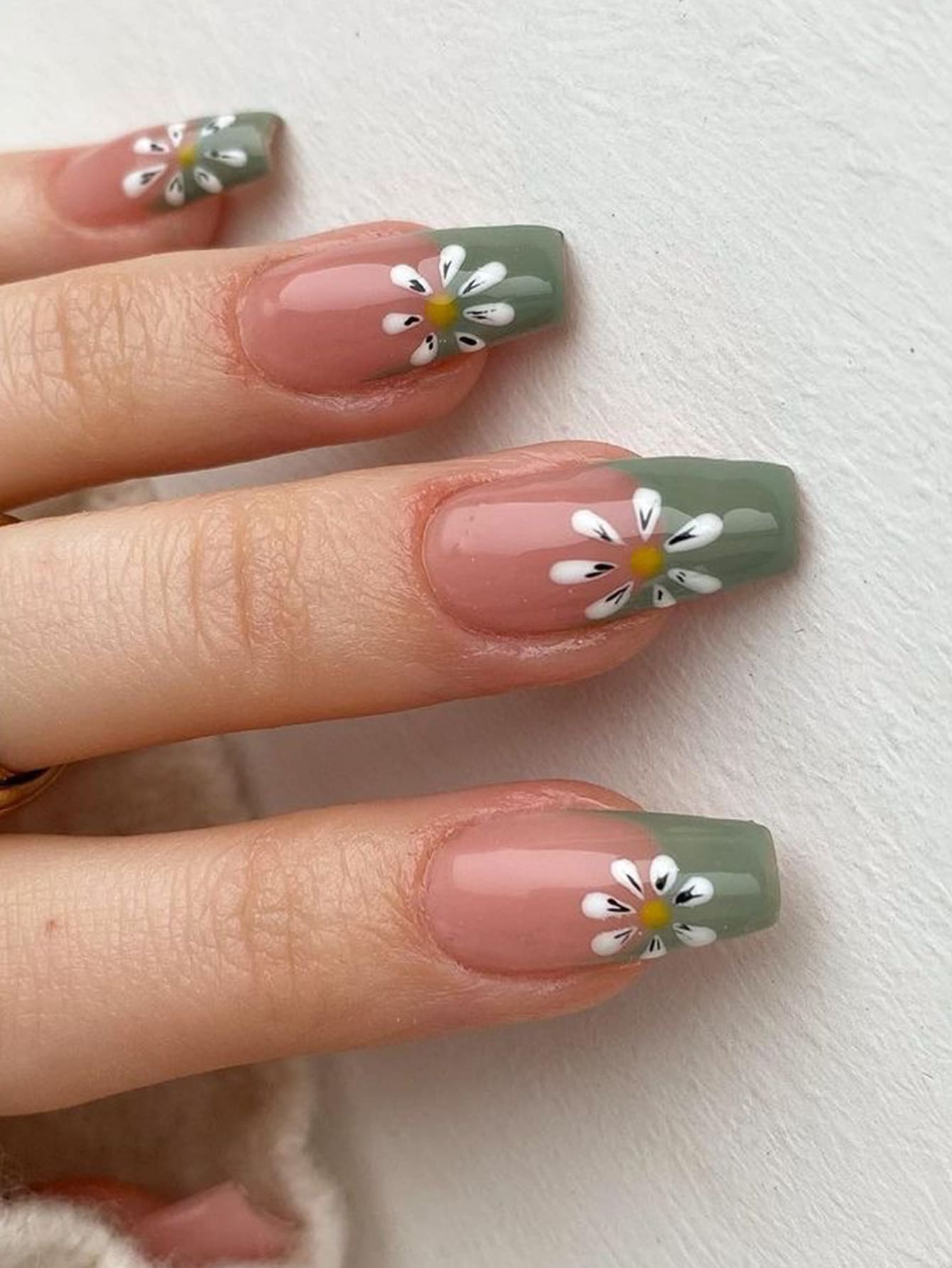 Get Glamorous with 24pcs Long Coffin Green Flowers Pattern Fake Nail & 1pc Nail File & 1sheet Tape - Multicolor - View 1
