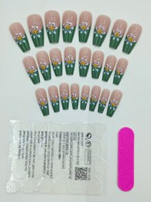 Get Glamorous with 24pcs Long Coffin Green Flowers Pattern Fake Nail & 1pc Nail File & 1sheet Tape - Multicolor - View 3