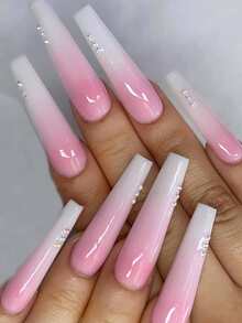 24pcs Long Coffin Ombre 3D Rhinestone Decor Fake Nail & 1pc Nail File & 1sheet Tape - Multicolor - View 1