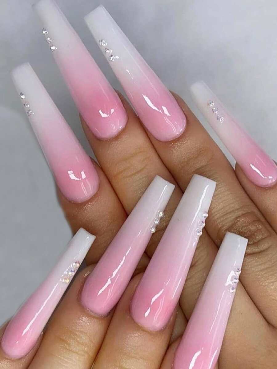 24pcs Long Coffin Ombre 3D Rhinestone Decor Fake Nail & 1pc Nail File & 1sheet Tape - Multicolor - View 1