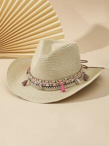 Boho 1入組女士流蘇和貝殼裝飾草帽，適用於戶外旅行 - 米色 - 查看 8
