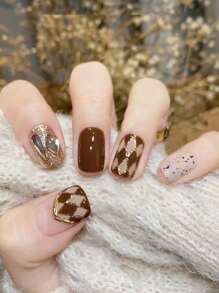 24pcs Short Square Plaid Pattern Fake Nail & 1pc Nail File & 1sheet Nail Tape - Multicolor - View 1