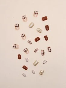 24pcs Short Square Plaid Pattern Fake Nail & 1pc Nail File & 1sheet Nail Tape - Multicolor - View 5