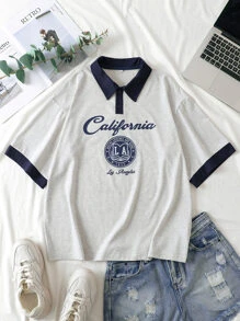 SHEIN EZwear Letter Graphic Contrast Trim Polo Neck Tee - Light Grey - View 1