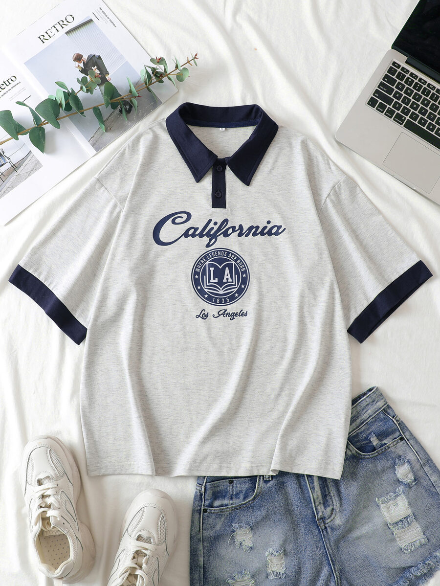 SHEIN EZwear Letter Graphic Contrast Trim Polo Neck Tee - Light Grey - View 1