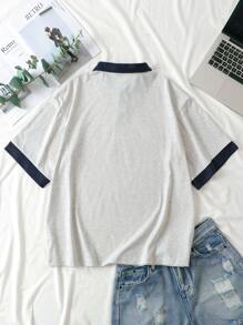 SHEIN EZwear Letter Graphic Contrast Trim Polo Neck Tee - Light Grey - View 2