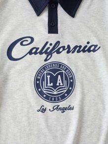 SHEIN EZwear Letter Graphic Contrast Trim Polo Neck Tee - Light Grey - View 6