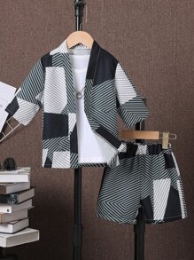 SHEIN 小男童條紋印花襯衫和短褲不帶T恤 - 彩色 - 查看 1