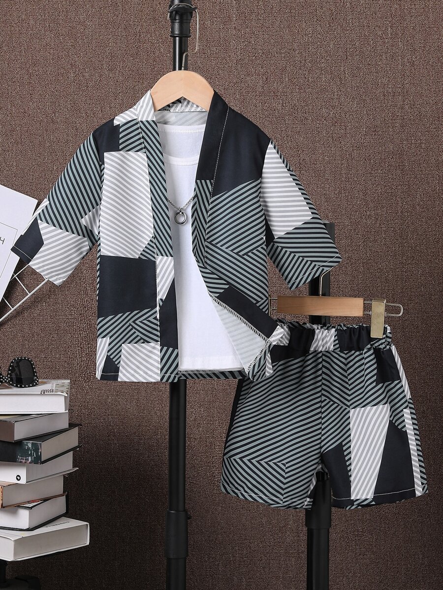 SHEIN 小男童條紋印花襯衫和短褲不帶T恤 - 彩色 - 查看 1