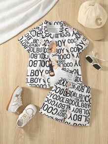 SHEIN 小男童字母和卡通圖案襯衫和短褲和T恤