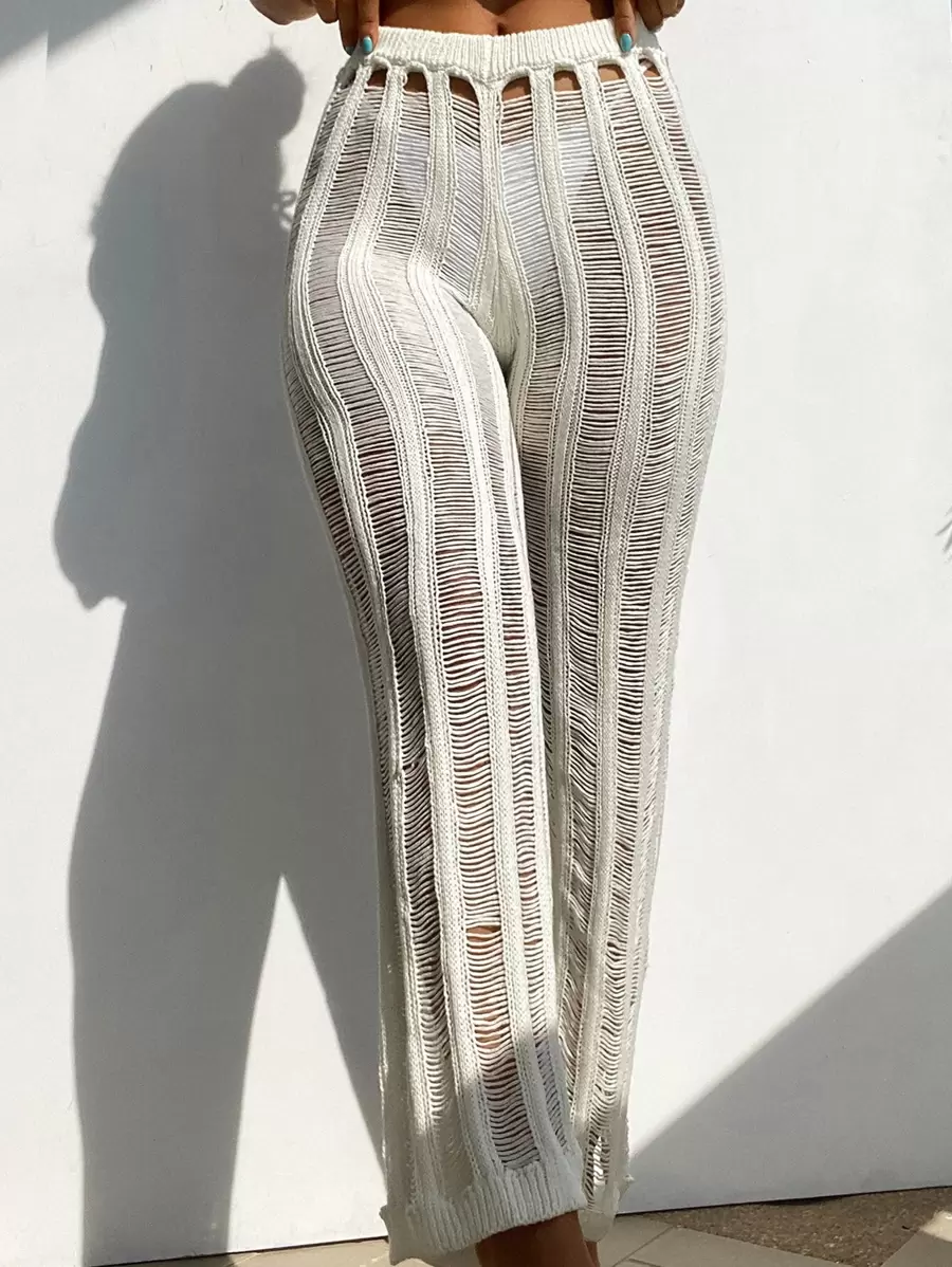 Summer Beach Hollow Out Crochet Cover Up Pants Without Bikini Bottom - White - View 1