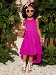 SHEIN Leap Crew Vestido sólido asimétrico para niña - Rosa Fucsia - Ver 3
