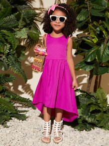 SHEIN Leap Crew Vestido sólido asimétrico para niña - Rosa Fucsia - Ver 5