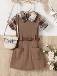 小女童格紋印花雙口袋腰帶假兩件洋裝