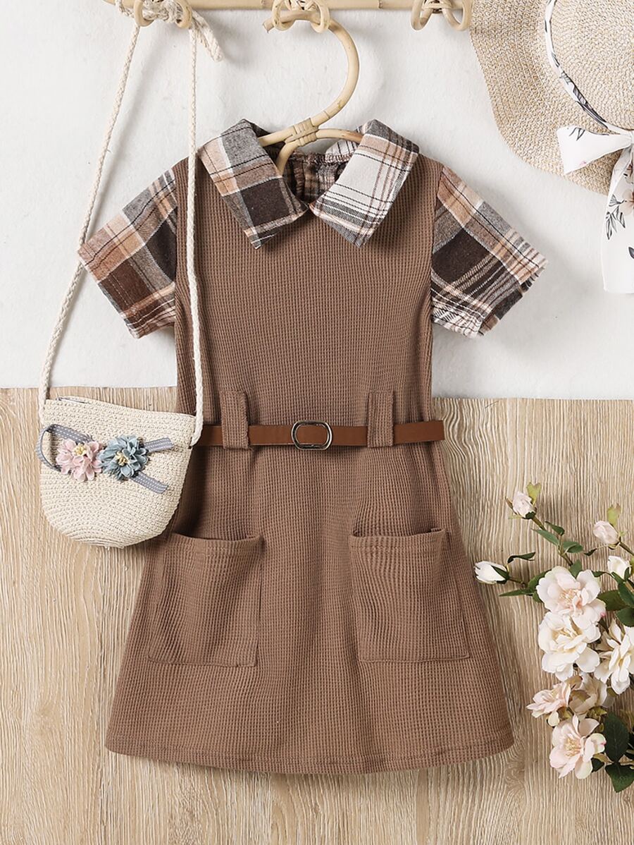小女童格紋印花雙口袋腰帶假兩件洋裝