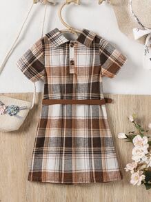 小女童格紋印花雙口袋腰帶假兩件洋裝
