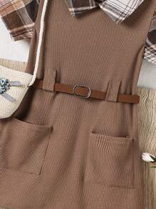 小女童格紋印花雙口袋腰帶假兩件洋裝